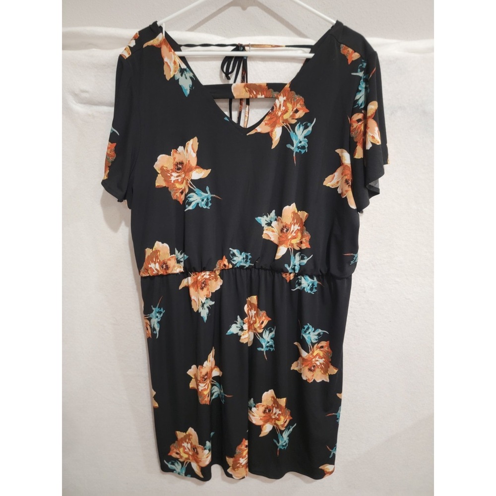 Maurices Black Floral Tie Back Strappy Dress Women's Plus 1 (1X) Elastic Waist